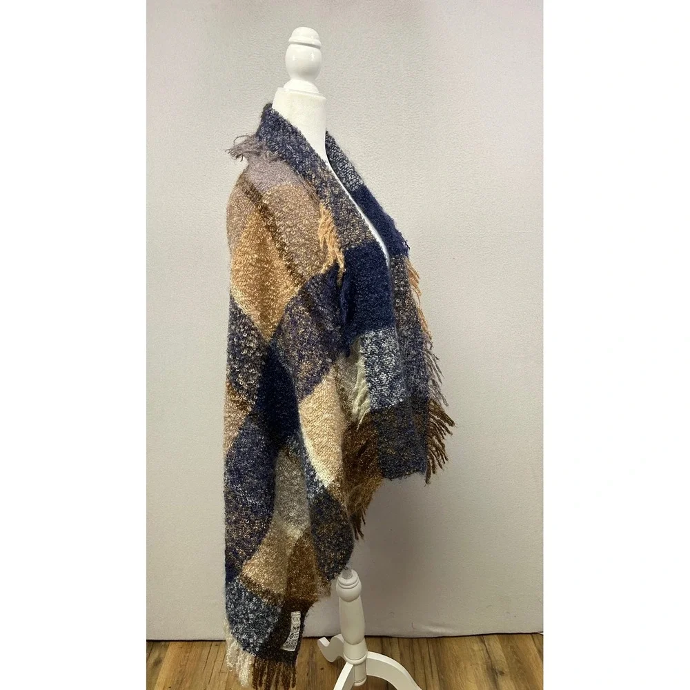 Dark Academia Avoca Womens OS Blue‎ Brown Mohair Wool Plaid Fringe Wrap Shawl